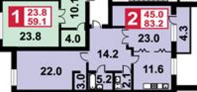 Планировка ЖК Первый, 45 м2