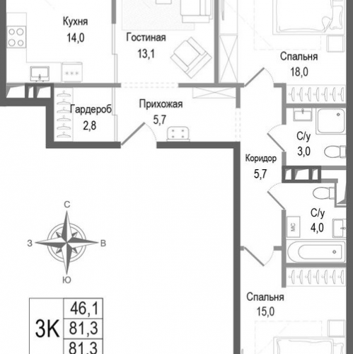 3-комн квартира Королёв г.,  к. 3