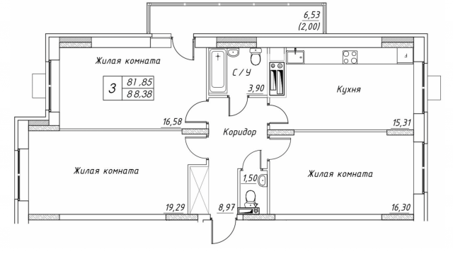 Планировка ЖК Большевик, 52.17 м2