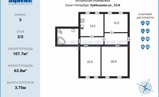 Продажа 3-комн квартиры на вторичном рынке улица Куйбышева,  д. 33/8
