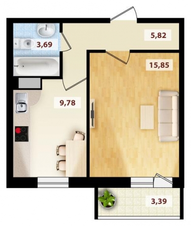 Планировка ЖК Правый берег-2, 15.85 м2