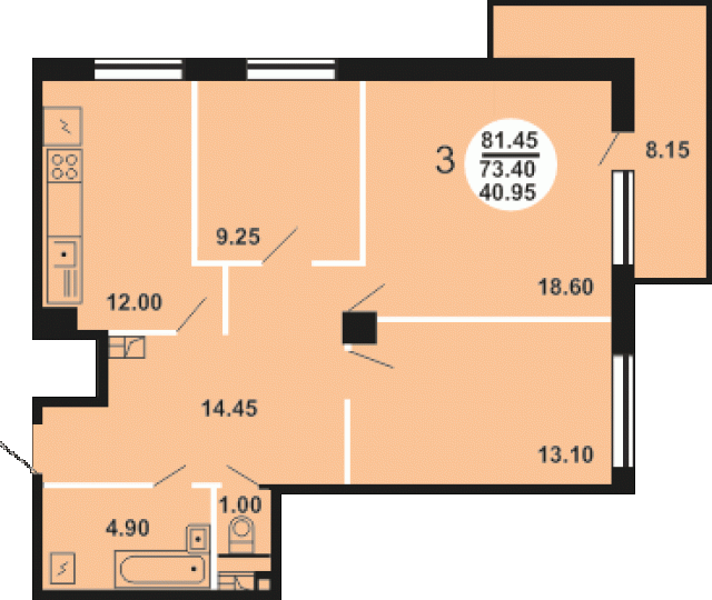 Планировка ЖК ДОМ НА ВИДУ, 40.95 м2