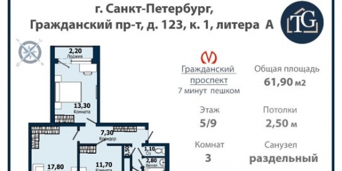 3-комн квартира Гражданский пр-кт,  д. 123,  к. 1