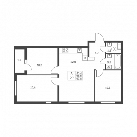 Планировка ЖК Ермак, 34.3 м2