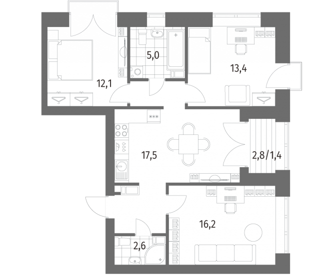 Планировка ЖК Наука, 42.7 м2
