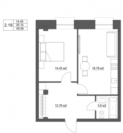 Планировка ЖК River Beach Apart, 14.45 м2