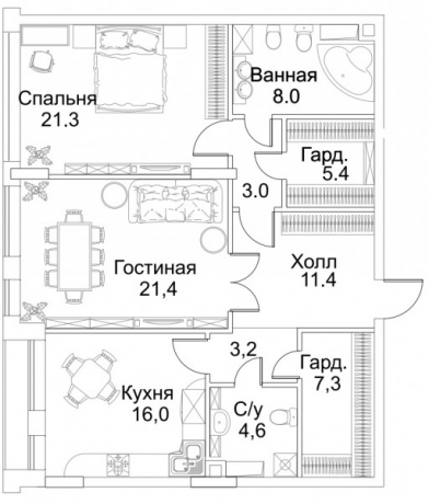 Планировка ЖК BARRIN HOUSE, 42.7 м2