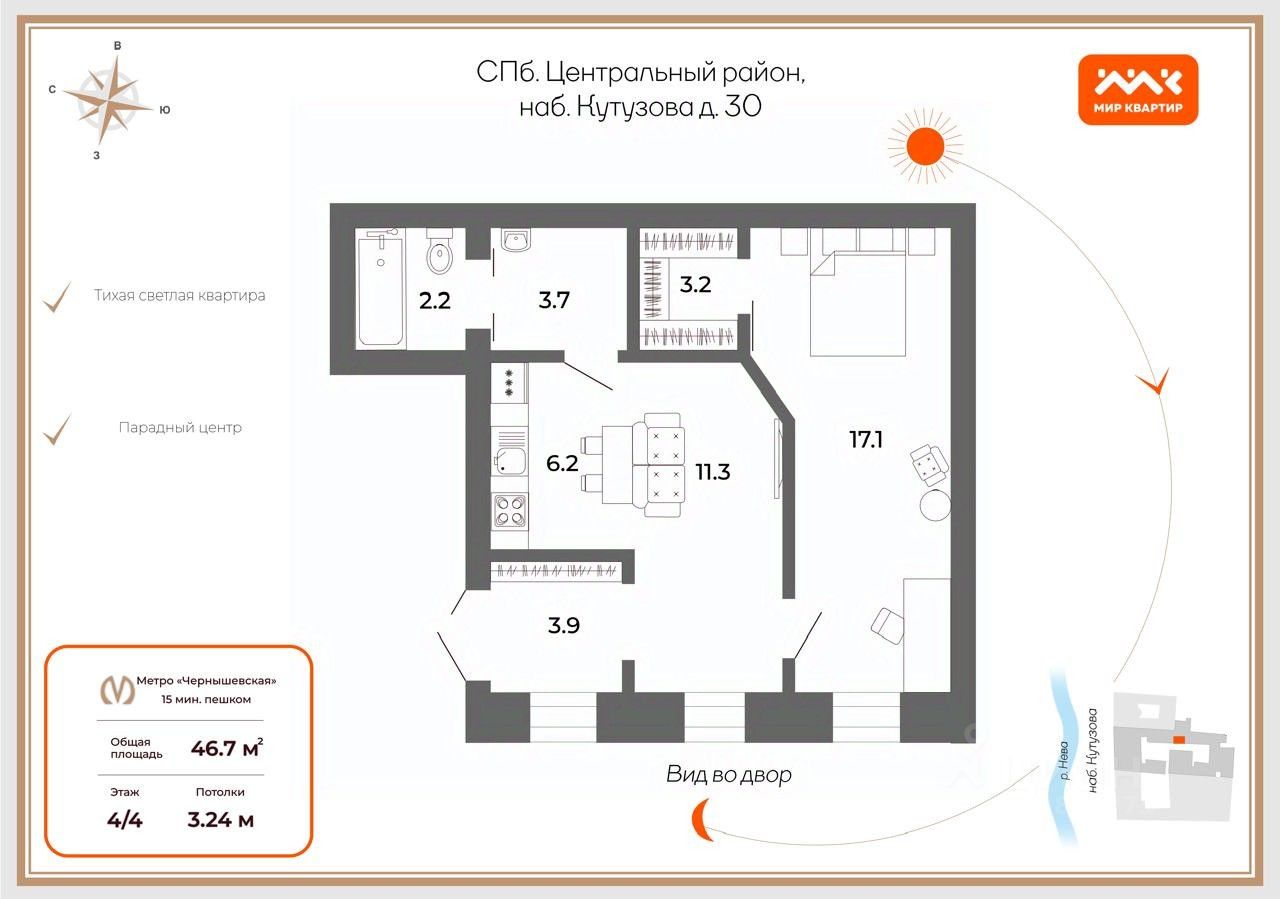 Продажа 2-комн квартиры на вторичном рынке набережная Кутузова, 30