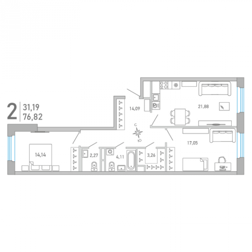 2-комн квартира Санкт-Петербург г., Черной речки наб.,  к. 1