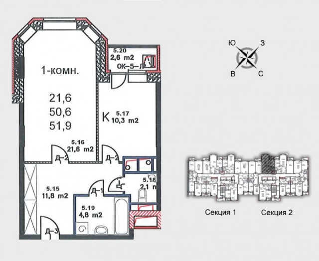 Планировка ЖК Единый стандарт, 21.6 м2