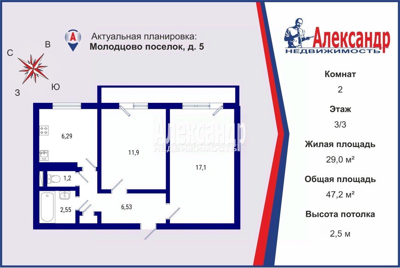 Продажа 2-комн квартиры на вторичном рынке пос. Молодцово, 5